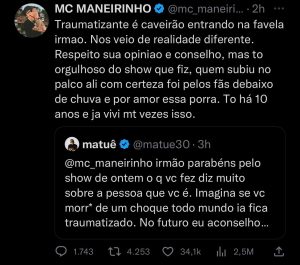 Post feito por MC Maneirinho. Imagem: Twitter.