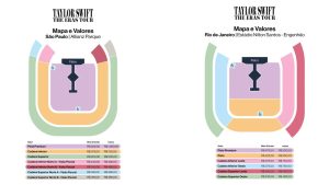 Setores e valores de ingressos para Taylor Swift no Brasil. Imagens: Divulgação.