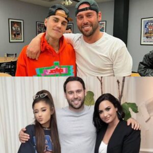 Scooter Braun em imagens com Justin Bieber, Demi Lovato e Ariana Grande. Imagens: Internet.