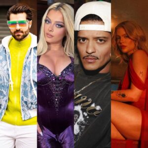 Alok, Bebe Rexha, Bruno Mars e Luísa Sonza em imagens postadas na internet. Imagens: Internet.