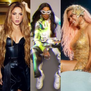 Shakira, Ludmilla e Karol G em imagens publicadas nas redes sociais. Imagem: Divulgação.