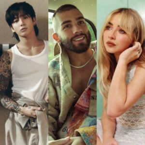 Jung Kook, Manuel Turizo, Sabrina Carpenter. Imagens: Internet.