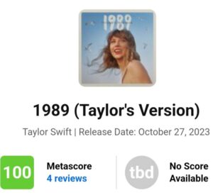 "1989 (Taylor´s Version)" no Metacritic. Imagem: Metacritic.