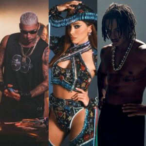 Filipe Ret, Anitta e Matuê em imagens promocionais. Imagens: Instagram.