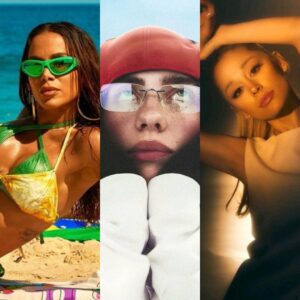 Anitta, Billie Eilish e Ariana Grande em imagens promocionais. Imagens: Divulgação.