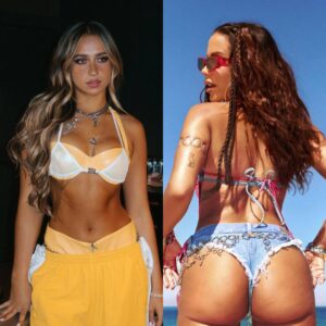 Tate McRae e Anitta em imagens publicadas nas redes sociais. Imagens: Instagram.