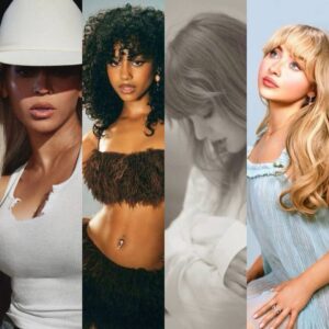 Beyoncé, Tyla, Taylor Swift e Sabrina Carpenter em imagens promocionais. Imagens: Divulgação.