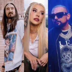 Steve Aoki, Christina Aguilera e Sean Paul em imagens publicadas nas redes sociais. Imagens: Instagram.