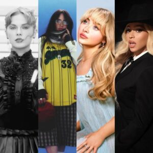 Taylor Swift, Billie Eilish, Sabrina Carpenter e Beyoncé em imagens promocionais. Imagens: Divulgação.