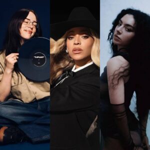 Billie Eilish, Beyoncé e Charli XCX em imagens promocionais. Imagens: Divulgação.