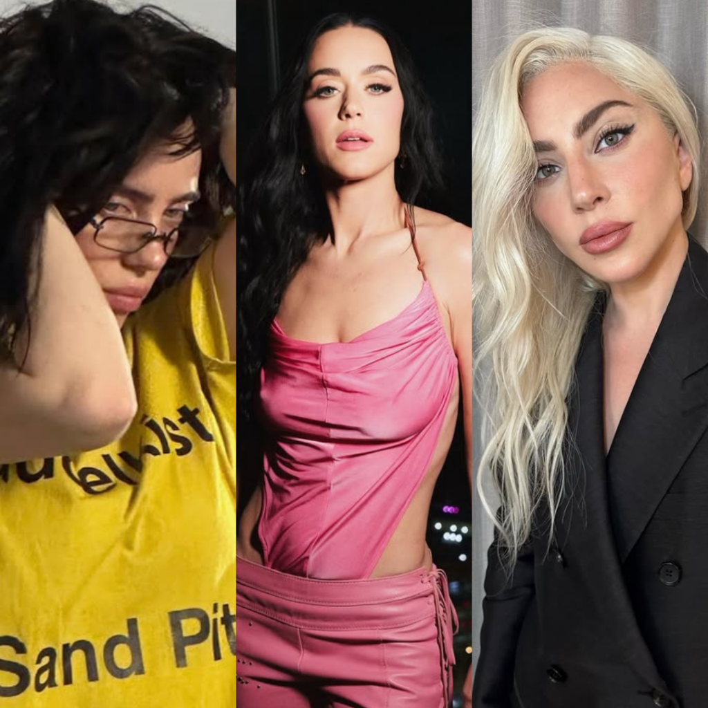 Billie Eilish, Katy Perry e Lady Gaga em imagens publicas nas redes sociais. Imagens: Internet.