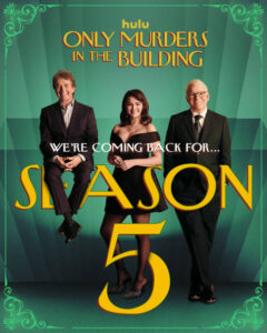 Poster promocional para o anúncio da quinta temporada de Only Murders In The Building. Imagem: Divulgação.
