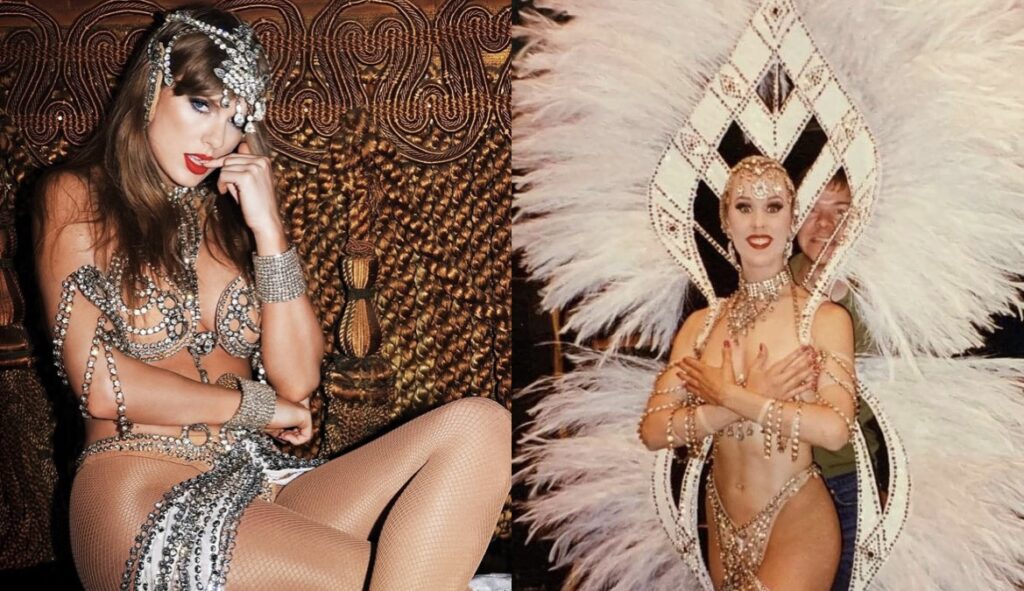 Taylor Swift na capa do "The Life Of a Showgirl" e o figurino de "Jubilee!". Imagem: Divulgaçao.