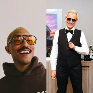 Pharrell Williams e Andrea Bocelli. Imagem: Reprodução.