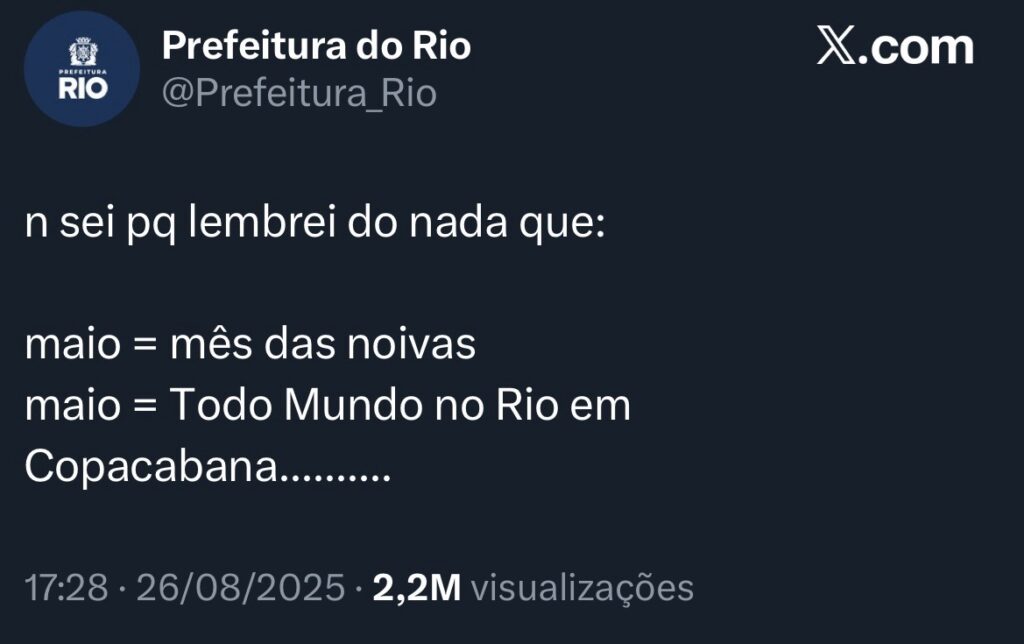 Perfil oficial da Prefeitura do Rio compartilhou mensagem enigmática. Imagem: X