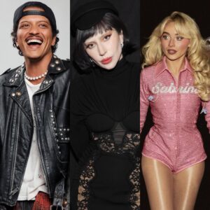 Bruno Mars, Lady Gaga e Sabrina Carpenter em imagens publicadas nas redes sociais. Imagens: Instagram.