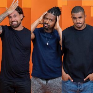 Brigido, Leandro e Matheus em fotos promocionais para o BBB 26. Imagem: TV Globo/Divulgação.
