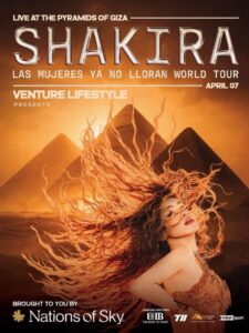 Cartaz oficial do show de Shakira nas Pirâmides de Gizé. Imagem: Divulgação.