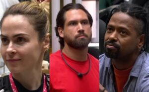 Ana Paula, Brigido e Leandro formam o terceiro paredão do BBB 26. Imagens: Globo/Reprodução.