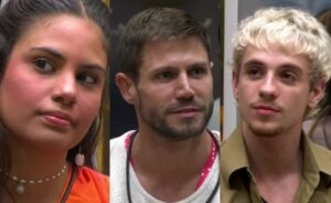Gabriela, Jonas e Juliano são os emparedados da semana no BBB 26. Imagens: Reprodução/Globo.