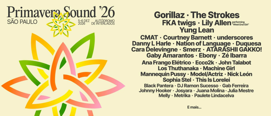 Line-up do Primavera Sound São Paulo de 2026. Imagem: Reprodução