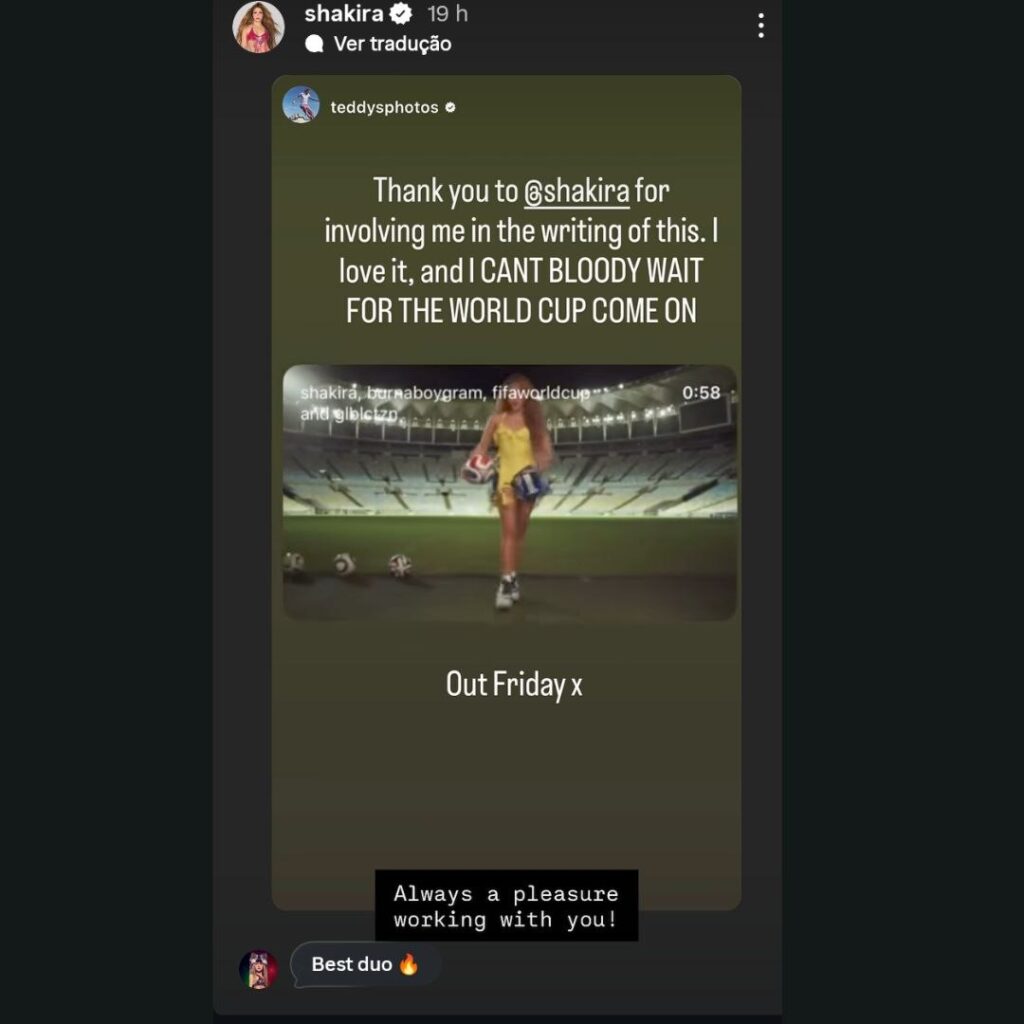 Story de Ed Sheeran sobre parceria na composição com Shakira. Imagem: Reprodução.
