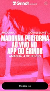 Anúncio de transmissão de Madonna no Grindr. Imagem: Grindr