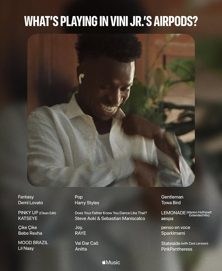 Playlist de Vini Jr. é divulgada pelo Apple Music após campanha do AirPods Pro 3. Imagem: Divulgação/Apple Music.