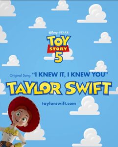 Anúncio do single "I Knew It, I Knew You", de Taylor Swift em parceria com Toy Story 5. Imagem: Divulgação/Pixar