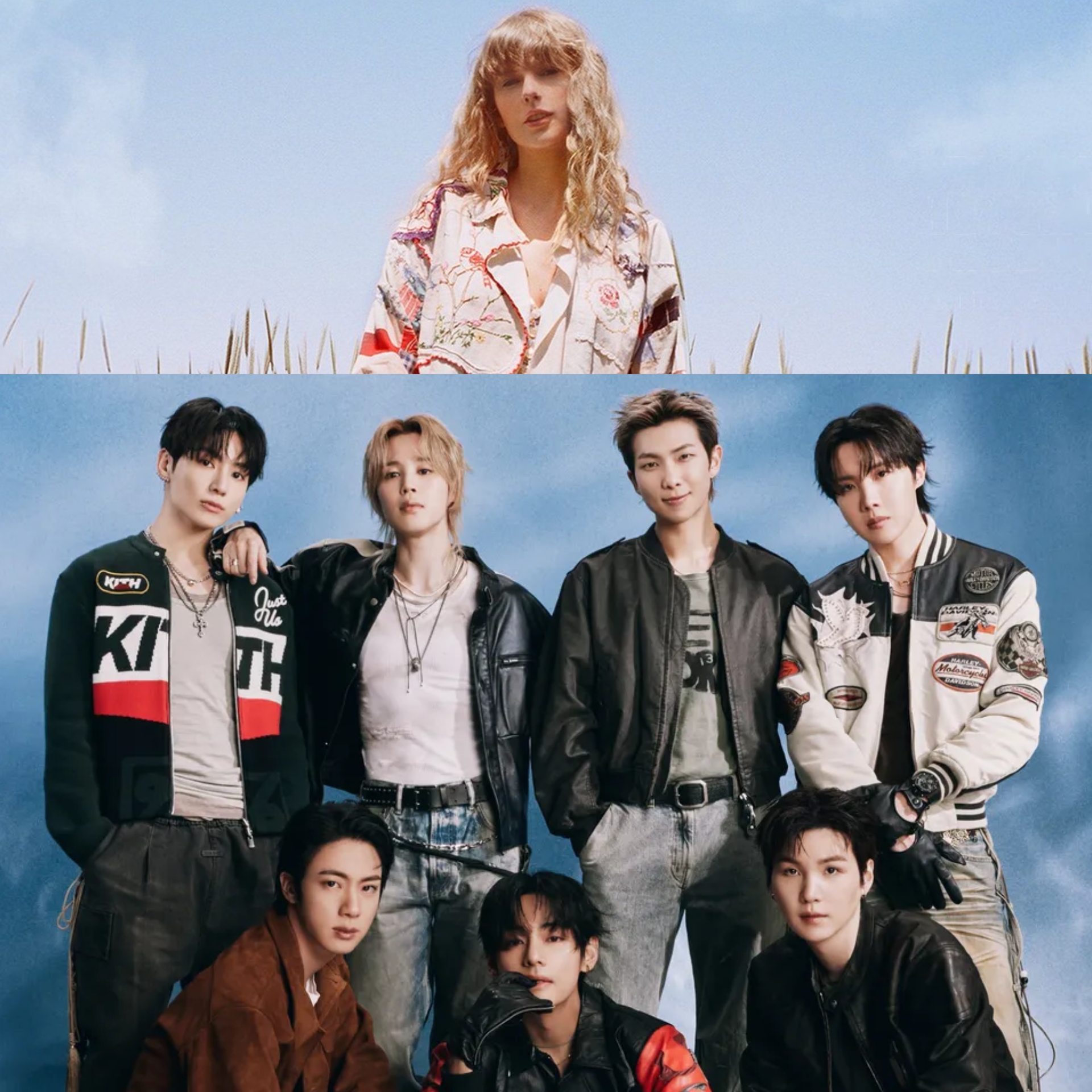 Taylor Swift e BTS em imagens promocionais. Foto: Divulgação.