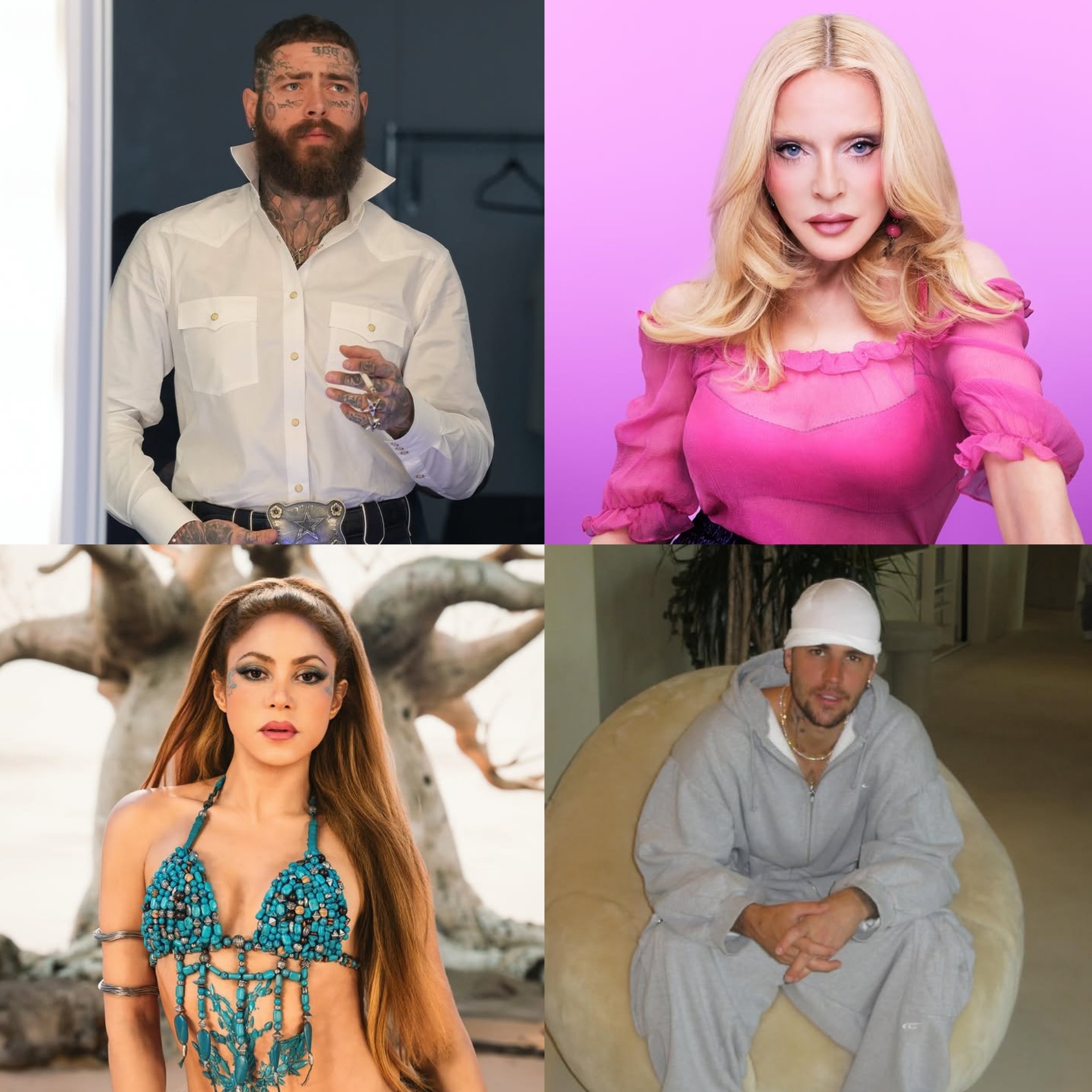 Post Malone, Madonna, Shakira e Justin Bieber estão entre as atrações musicais da grande final da Copa do Mundo FIFA 2026. Foto: Reprodução/Instagram.