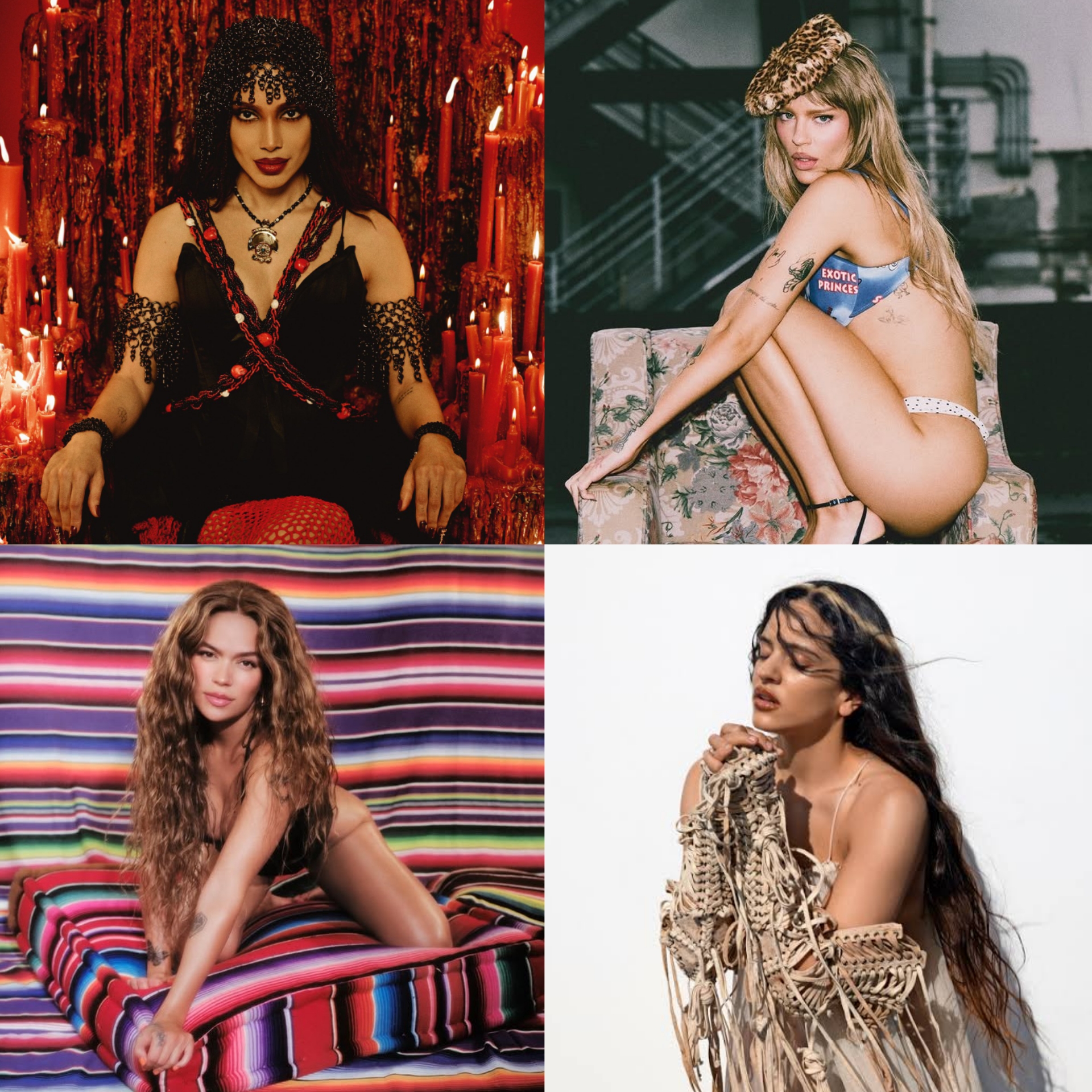 Anitta, Luísa Sonza, Karol G e Rosalía aparecem em montagem com imagens promocionais. Foto: Divulgação.