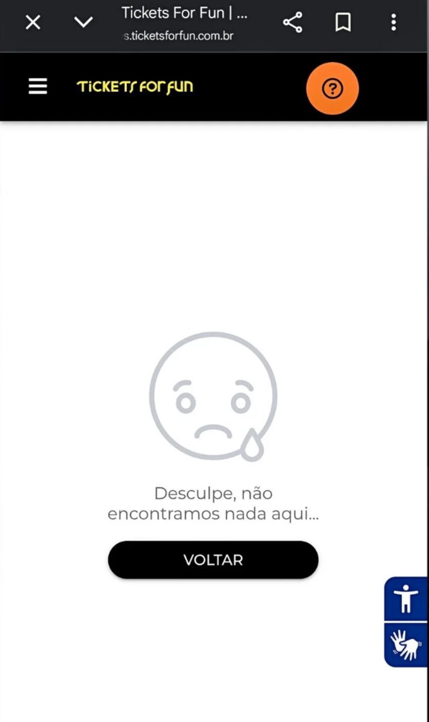 Página de venda de ingressos para o show de DPR fora do ar. Imagem: Reprodução/Tickets For Fun