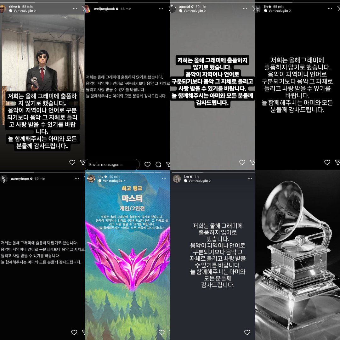 Todos os sete integrantes do BTS publicaram em suas contas pessoais sobre a decisão de não participar do Grammy. Imagem: Reprodução