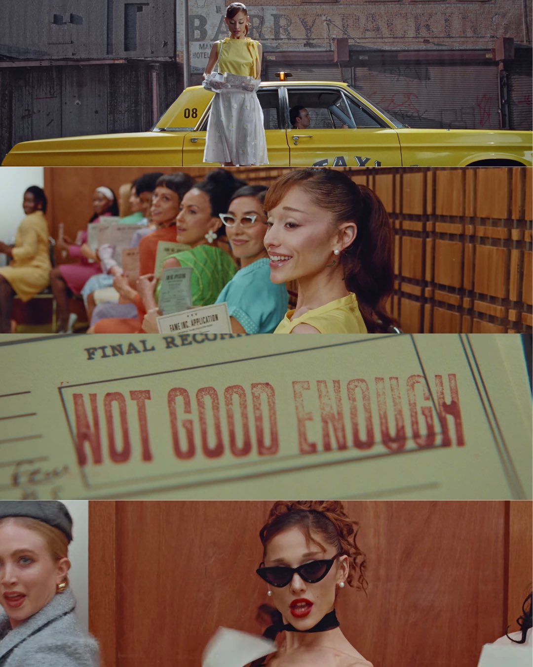 No videoclipe de "Petal", Ariana Grande interpreta uma atriz constantemente rejeitada pela indústria, não importa o quanto ela mude ou se esforce. Imagem: Reprodução