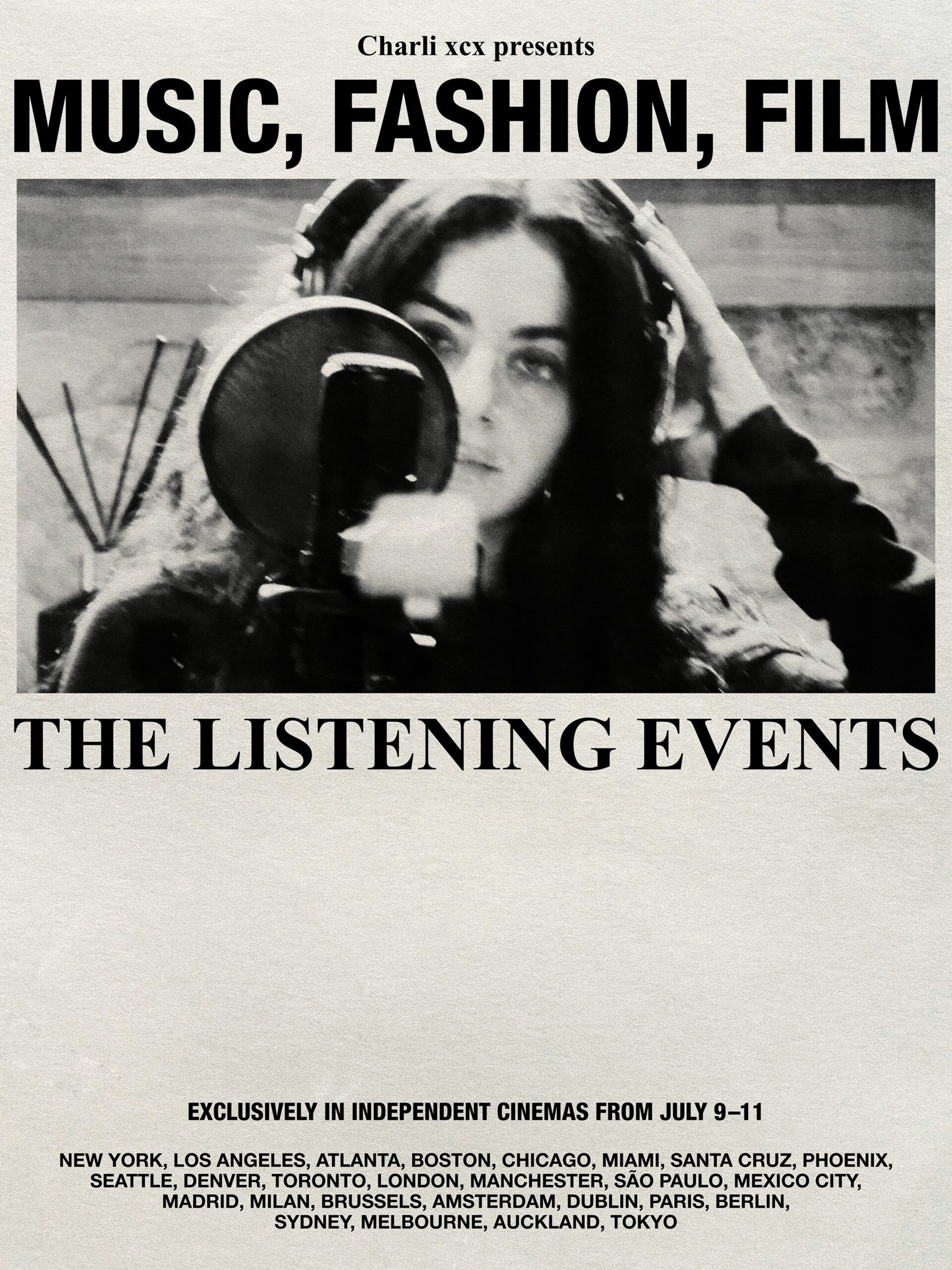 Arte oficial divulga as cidades que receberão as listening parties de "Music, Fashion, Film". Foto: Divulgação.