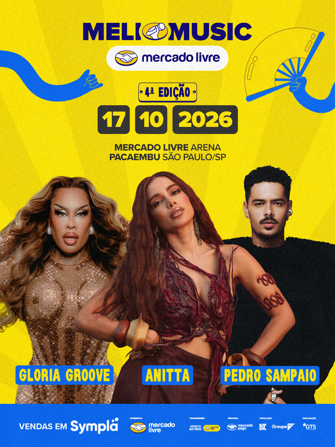 Anuncio Anitta, Gloria Groove e Pedro Sampaio no Meli Music. Imagem: Reprodução