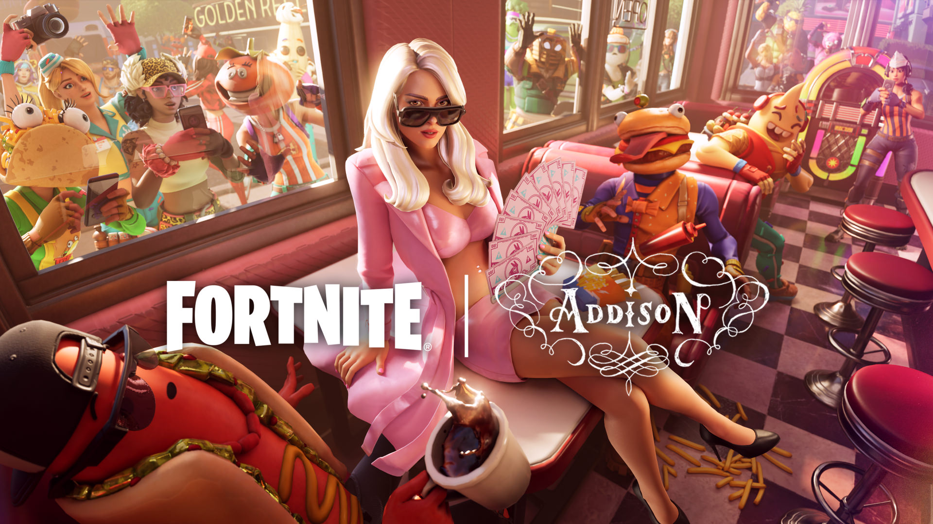 Anúncio do fortnite da parceria com Addison Rae. Imagem: Divulgação.