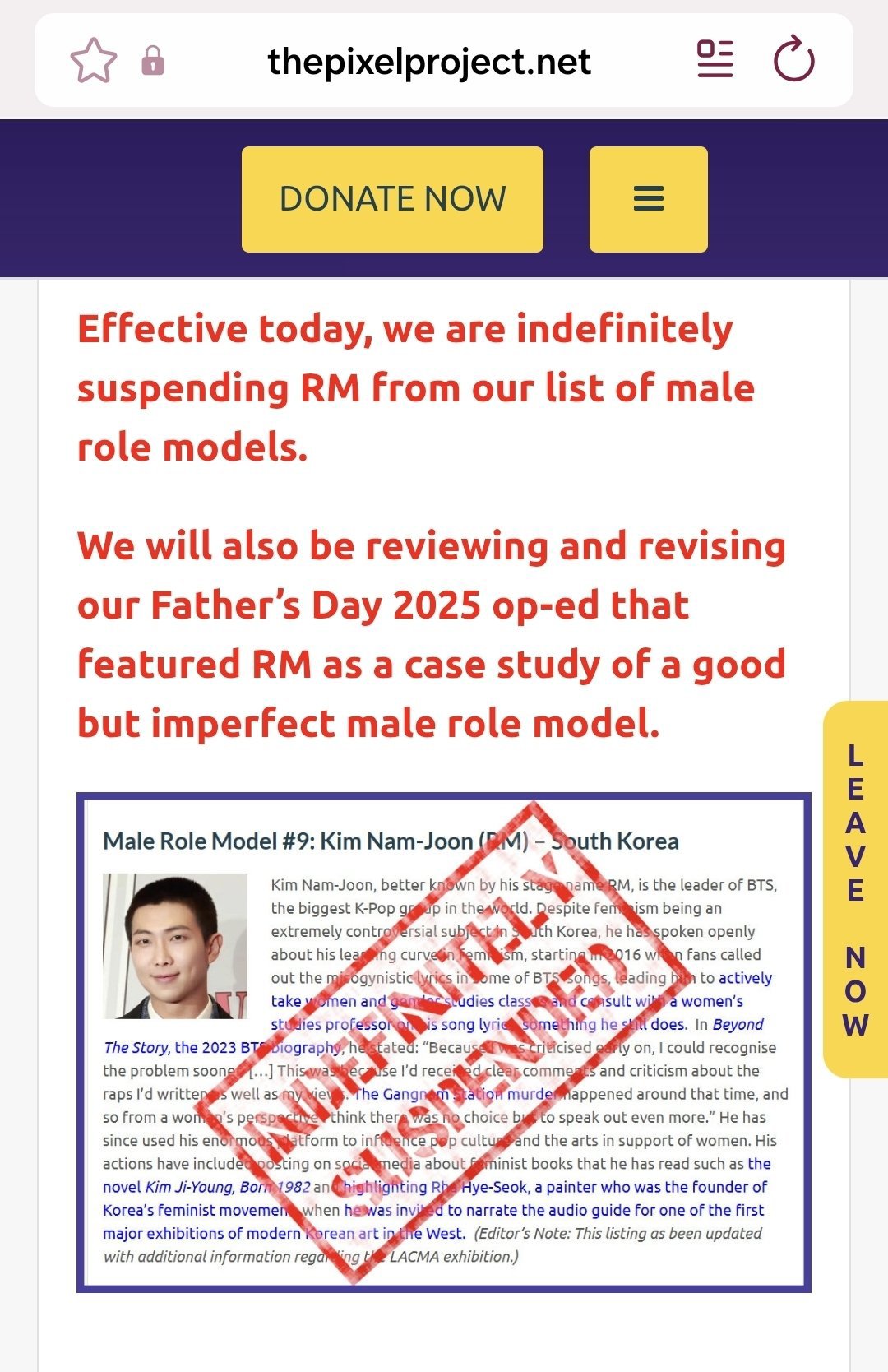 RM, também conhecido como Kim Namjoon, consta como "indefinidamente suspenso" na página do The Pixel Project após polêmica com Chris Brown. Imagem: Reprodução
