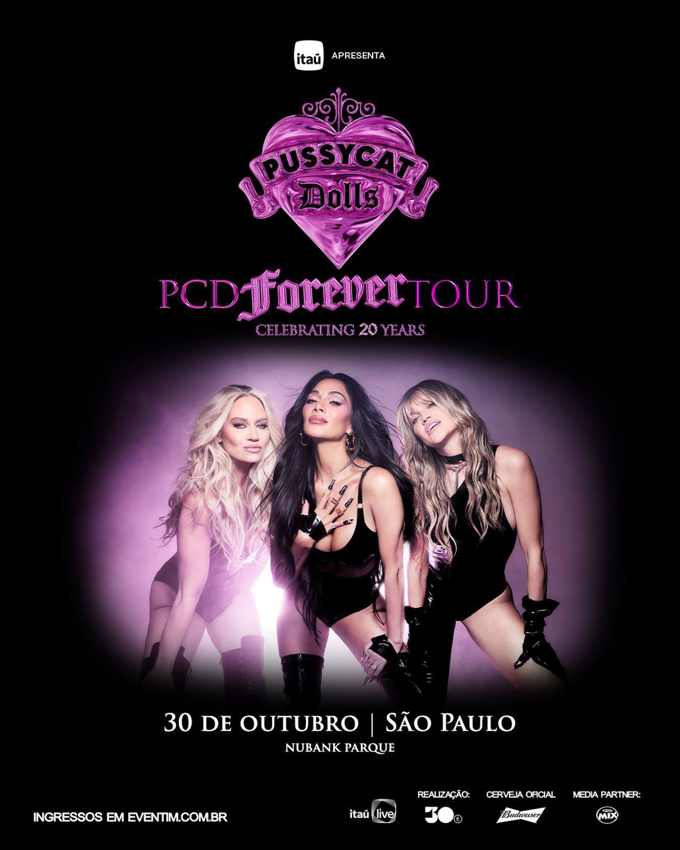 pôster de anúncio do show de Pussycat Dolls no Brasil. Imagem: Divulgação.