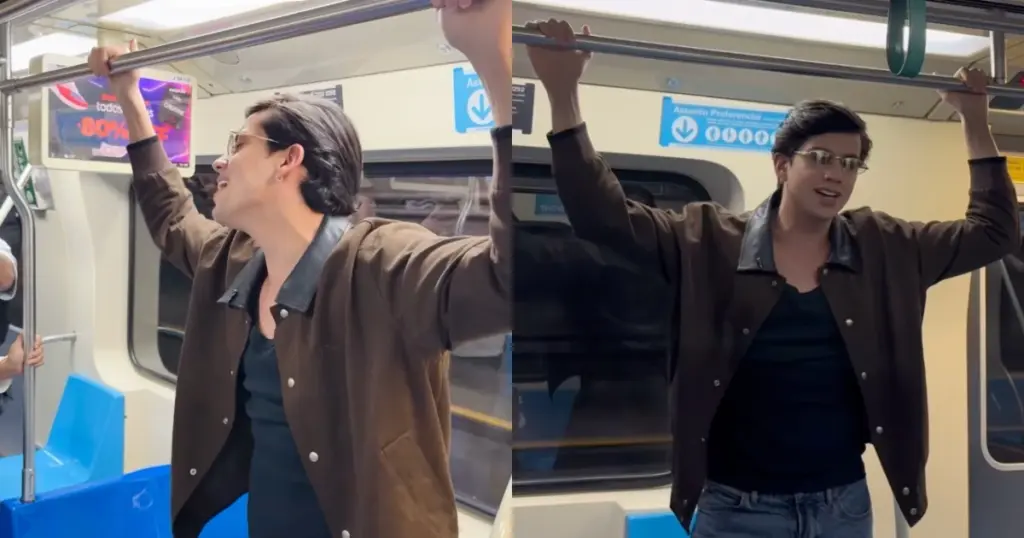 Léo Foguete em pocket show surpresa no metrô de São Paulo. Imagem: Reprodução.
