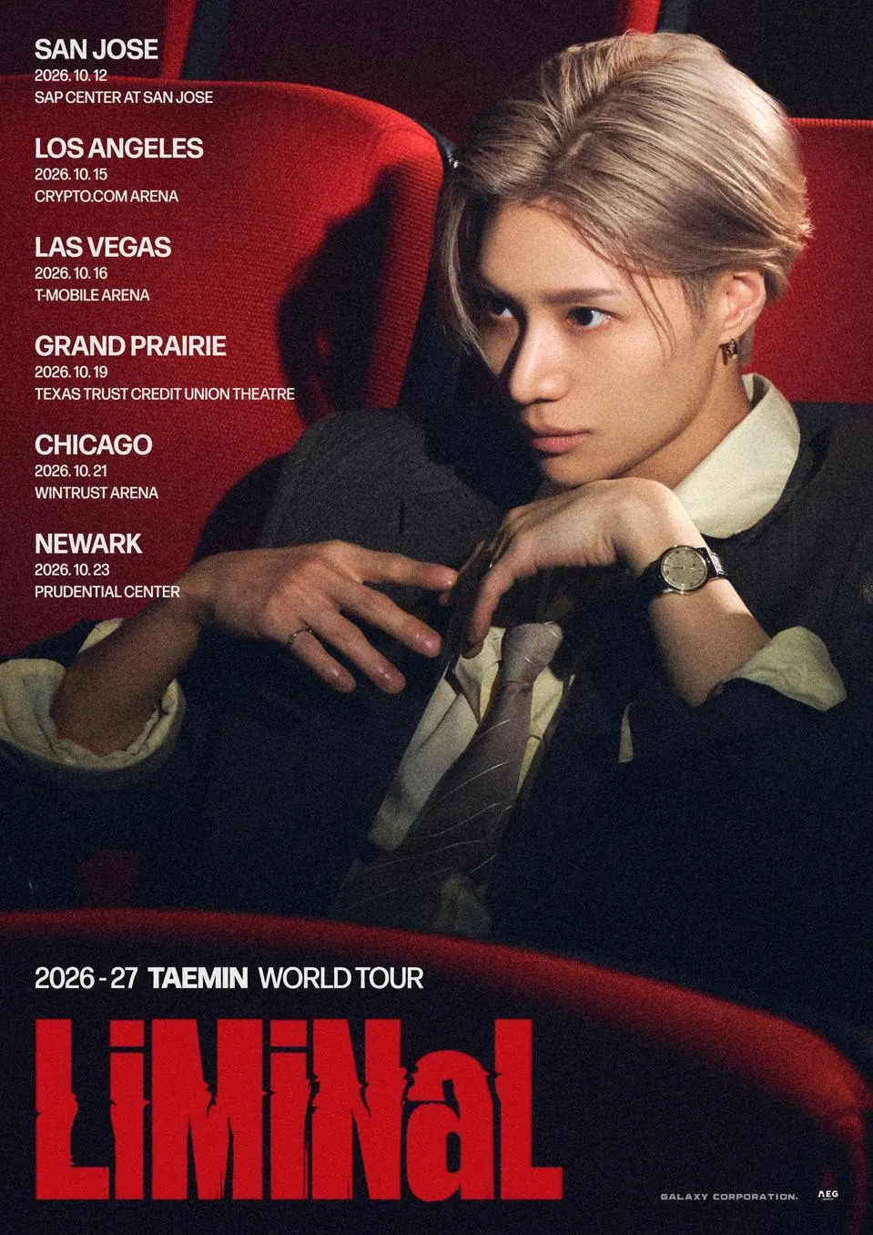 TAEMIN passaria por San Jose, Los Angeles, Las Vegas, Grand Prairie, Chicago e Newark entre os dias 12 e 23 de outubro. Imagem: Divulgação