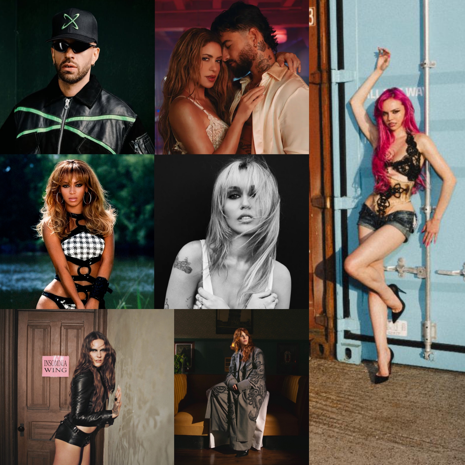 Feid, Maluma, Shakira, Beyoncé, Miley, Tove Lo, Carly Rae Jepsen e ADÉLA. Fotos: Reprodução/Divulgação