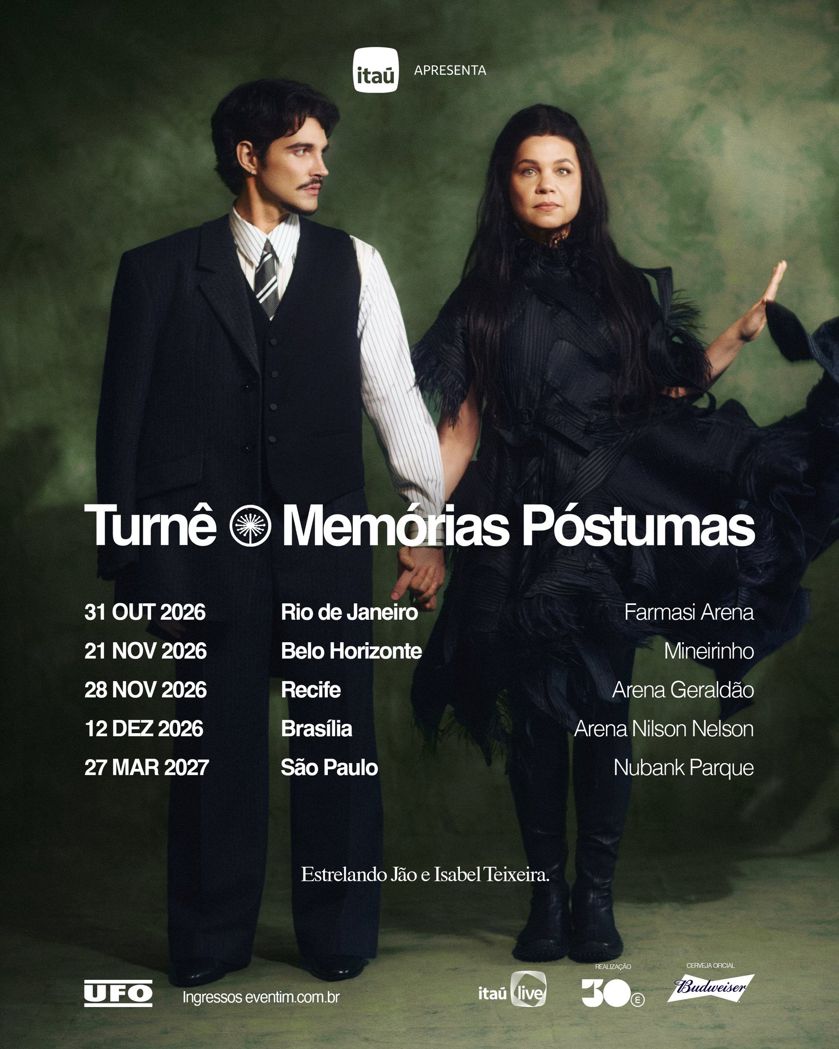 Pôster com as datas da turnê Memórias Póstumas de Jão. Imagem: Divulgação.