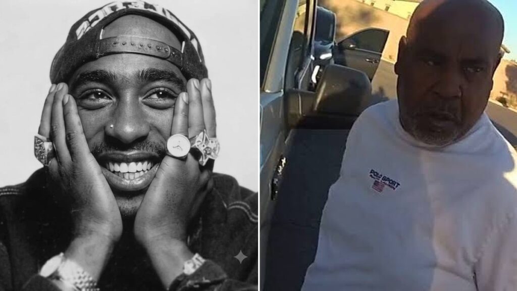 Montagem com ilustração em preto e branco de Tupac Shakur sorrindo com as mãos no rosto e foto de Duane Keffe D Davis algemado durante prisão pela polícia de Las Vegas