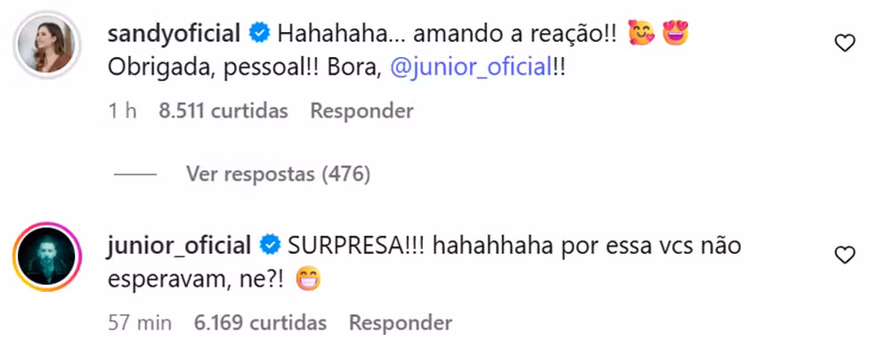 Comentários de Sandy e Junior em postagem no Instagram. Foto: Divulgação