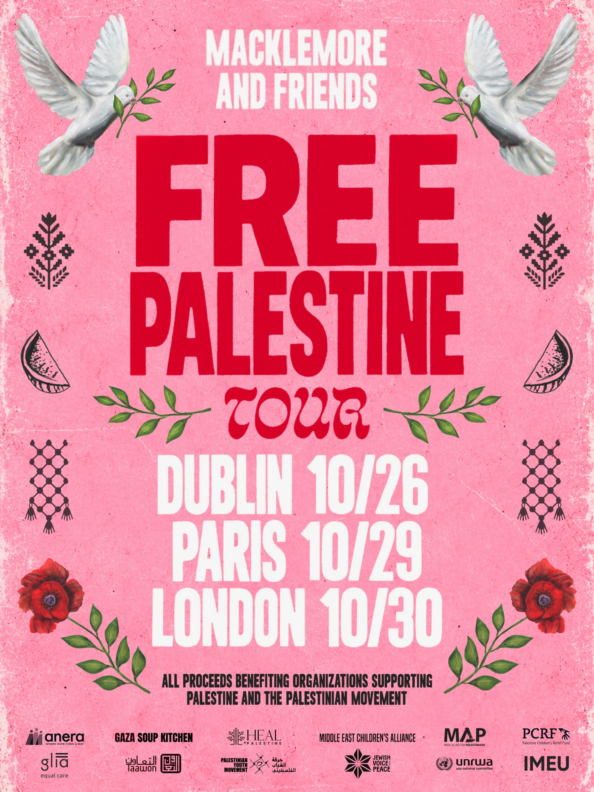 Flyer da turnê "Free Palestina", evento de Macklemore que terá lucros revertidos a causas palestinas. Imagem: Instagram