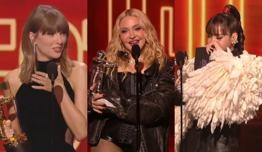 Taylor Swift, Madonna e LISA no VMAs 2026. Imagem: Reprodução: MTV / CBS / Pluto TV