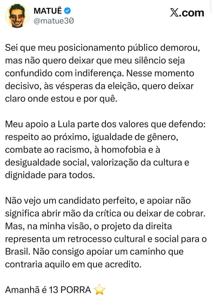Posicionamento oficial de Matuê. Imagem: Reprodução.