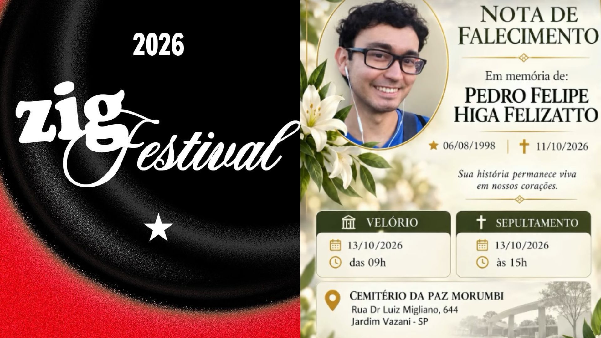 Anuncio do ZIG Festival e velório de Pedro Hilga. Imagem: Reprodução / Band